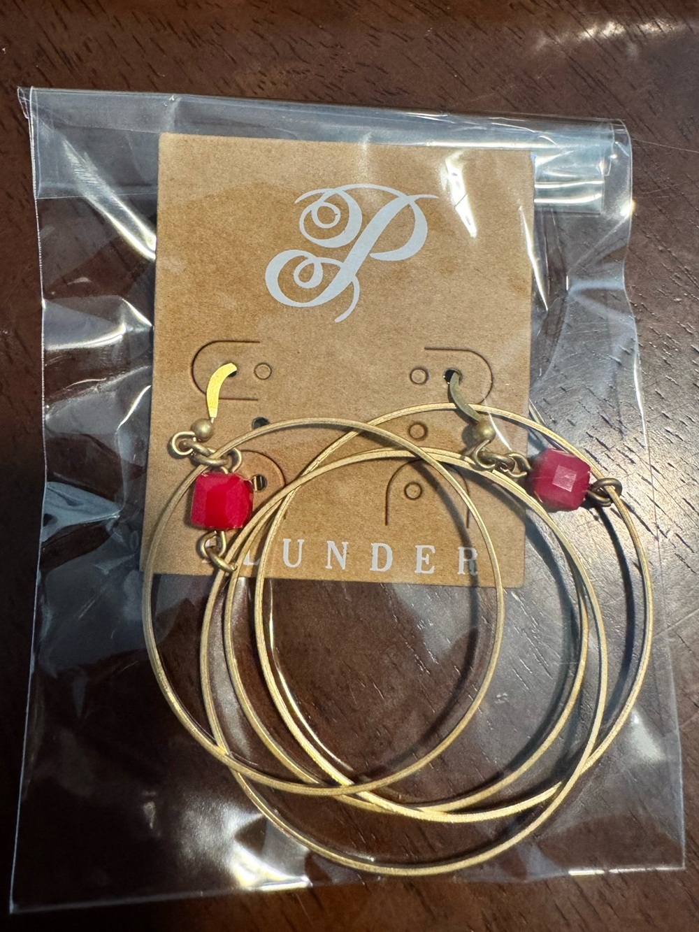 Plunder Gold-Tone Triple Hoop Earrings with Red Bead